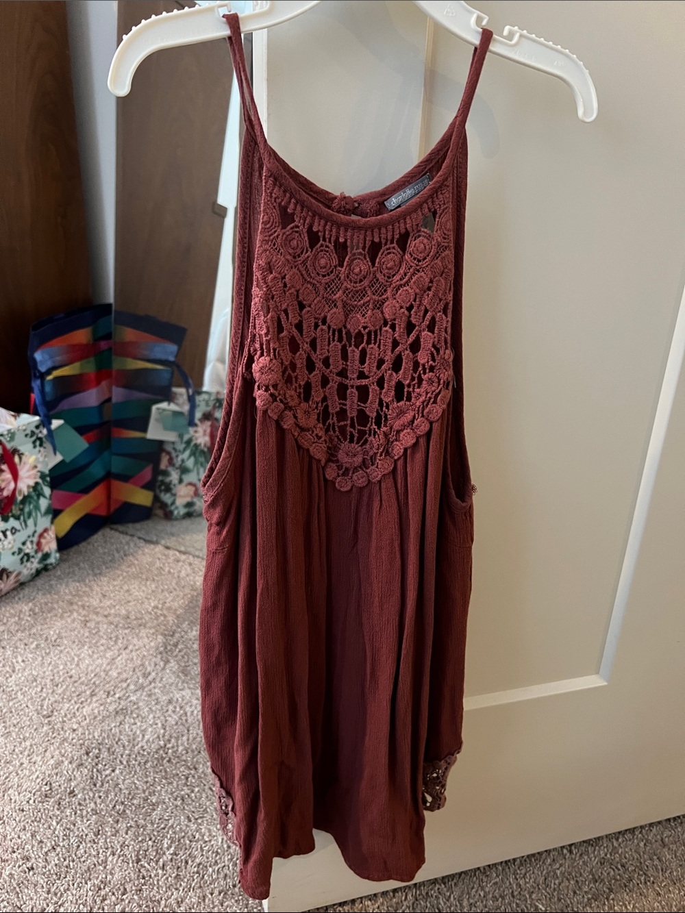 Charlotte Russe Crochet Yoke Spaghetti Strap Tank - Rust